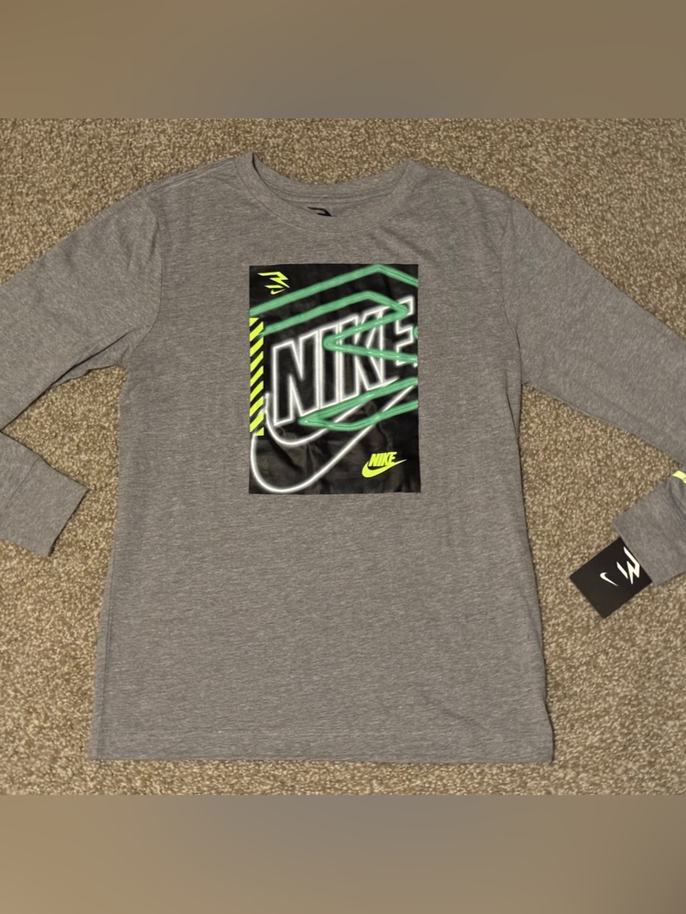 Nike Gray Long-Sleeve Tee with Neon Green Graphic